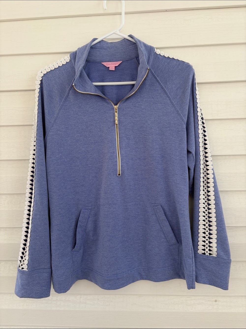 Lilly Pulitzer M Blue Quarter Zip Pullover Crochet Sleeve Sweatshirt Coastal